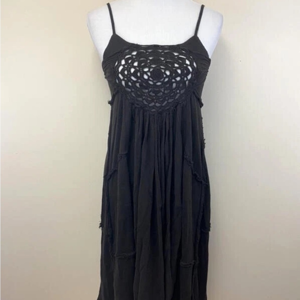 Free People M Brown Crochet Bodice Gauzy Sweater Dress Back Tie Boho